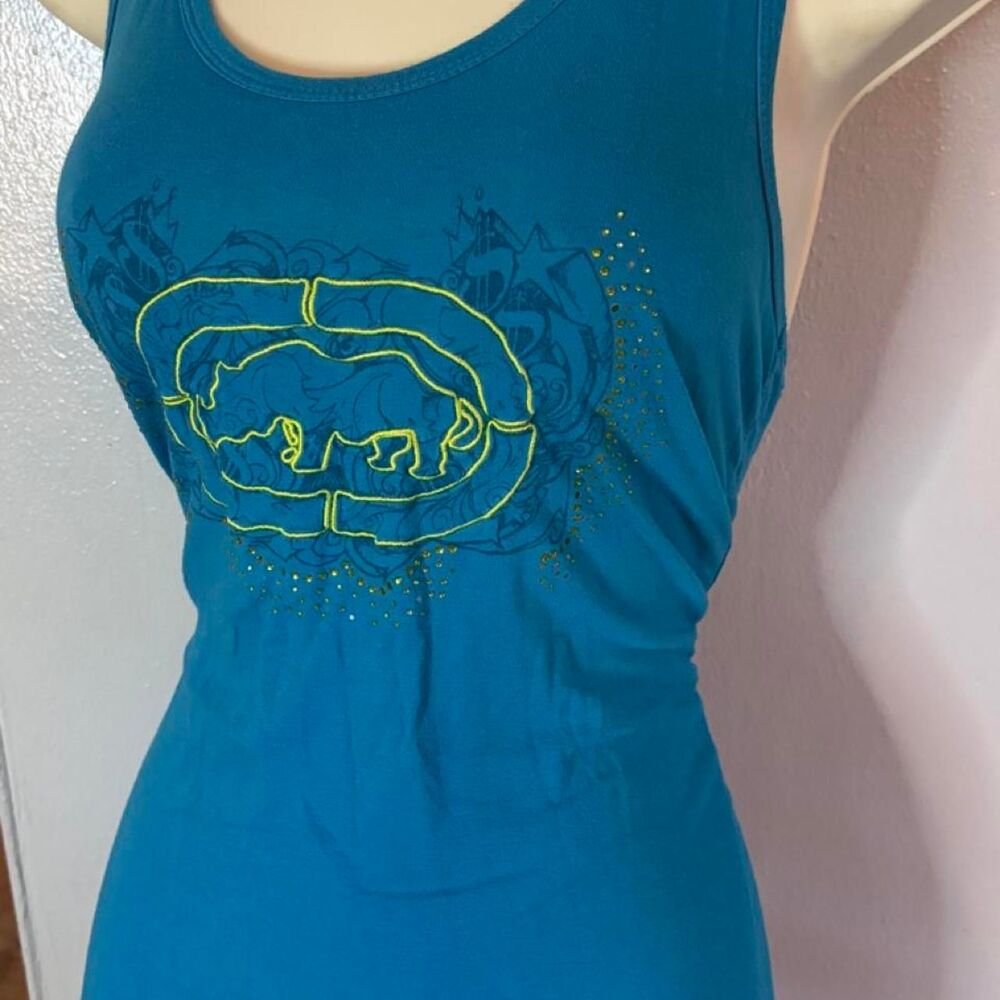 Vintage RARE Y2K Ecko Red Teal Rhinestone Embroidered Racerback Tank Top - XL